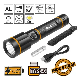Φακός Προβολέας Li-Ion Επαναφορτιζόμενος 50-150-450 lumens USB Type-C