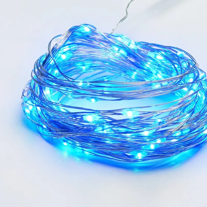 ΛΑΜΠΑΚΙΑ 100 LED ΣΕ ΣΕΙΡΑ ΜΠΛΕ ΑΣΗΜΙ ΜΕ ΜΠΑΤΑΡΙΕΣ 3xΑΑ ΧΡΟΝΟΔΙΑΚΟΠΤΗ & ΚΑΛΩΔΙΟ ΧΑΛΚΟΥ 10m IP44 10mm