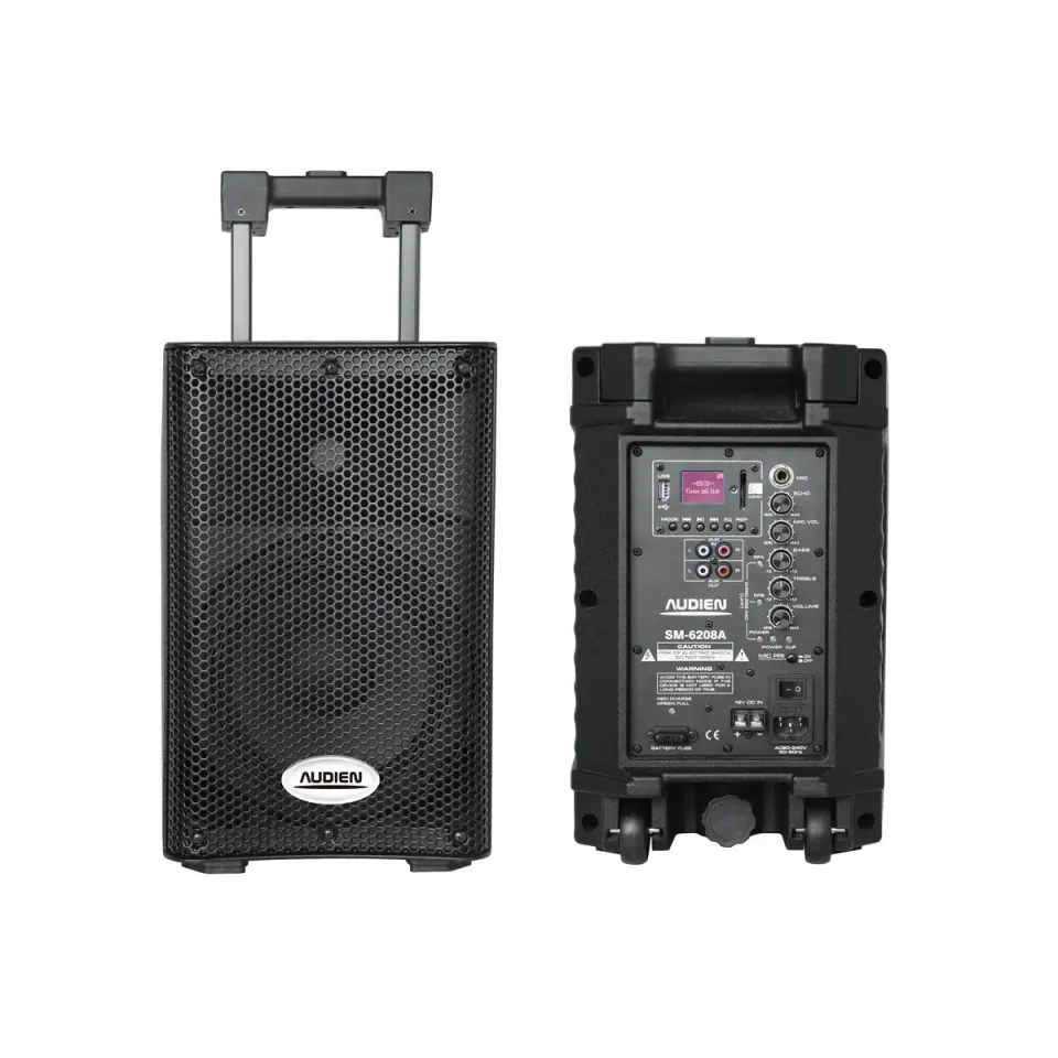 SM-6208Α Επαναφορτιζόμενο ενεργό ηχείο 8″ με 2 ασύρματα μικρόφωνα